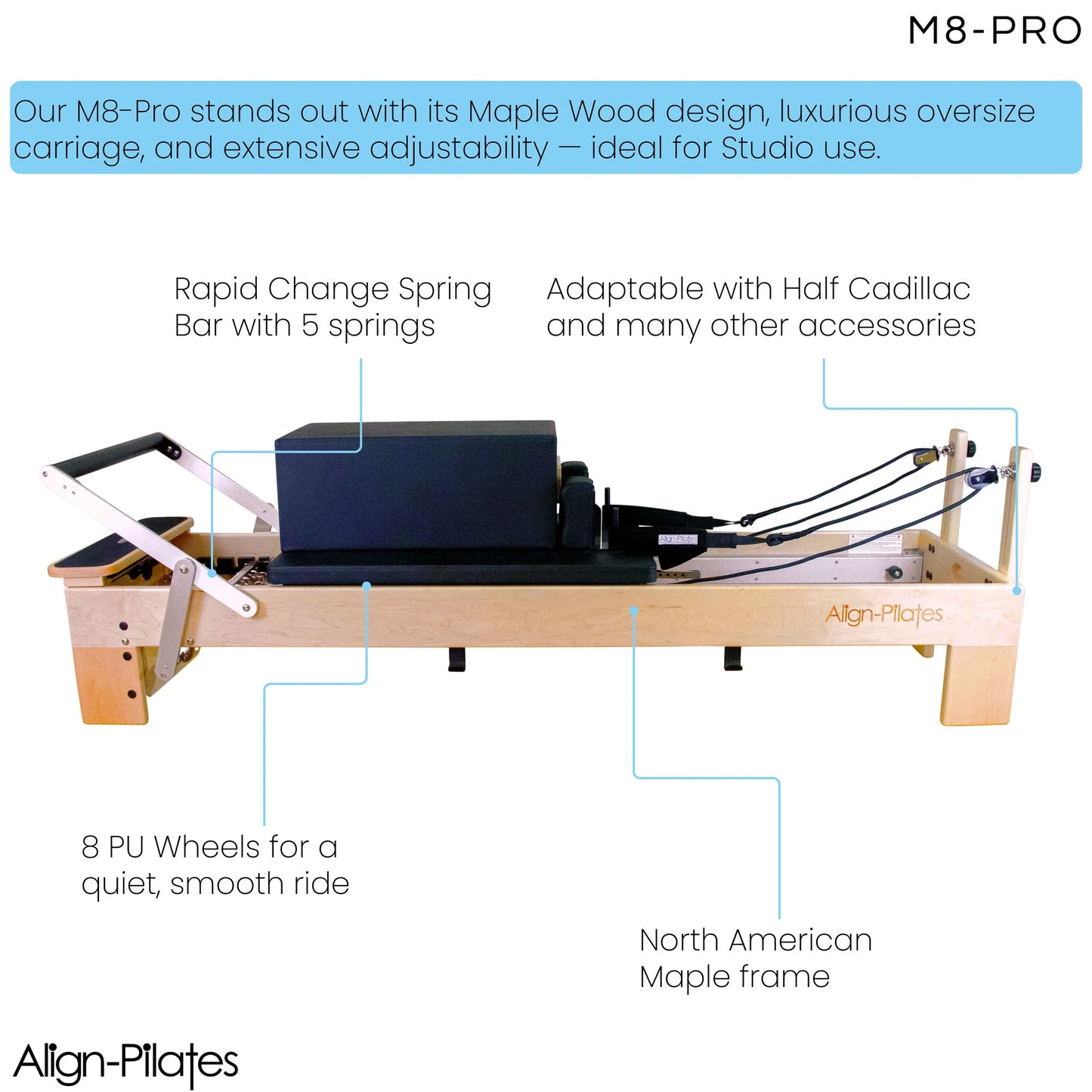 Align Pilates M8-Pro Maple Wood Pilates Reformer with Half Cadillac